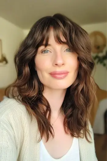 Zottelige Schichten mit Pony, mittellange Frisur.