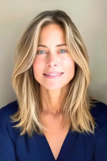 Gesichtsumrahmende mittellange Stufenfrisur.