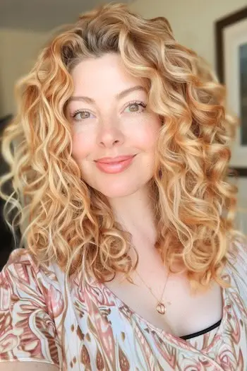 Mittellange, voluminöse Lockenfrisur.