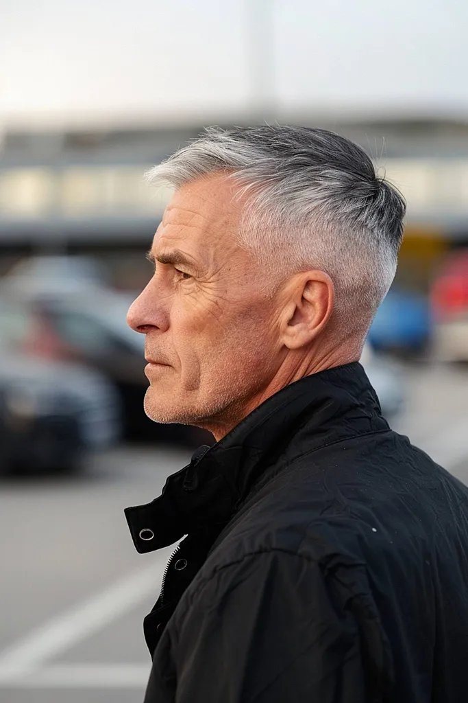 Toelopend grijs kapsel met scherpe randen' title=