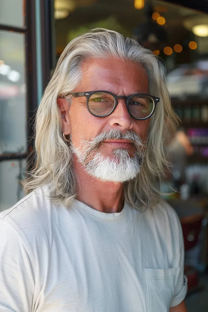 Lang natuurlijk grijs haar voor mannen met een bril' title=