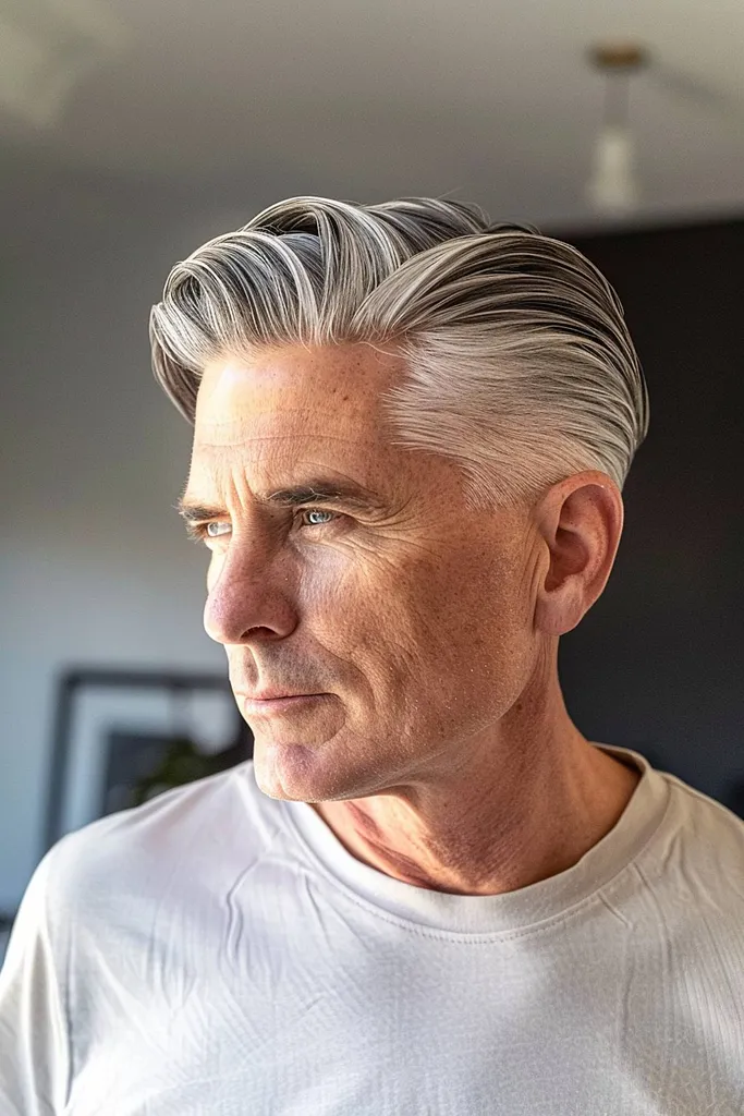 Achterovergekamd grijs kapsel met highlights' title=