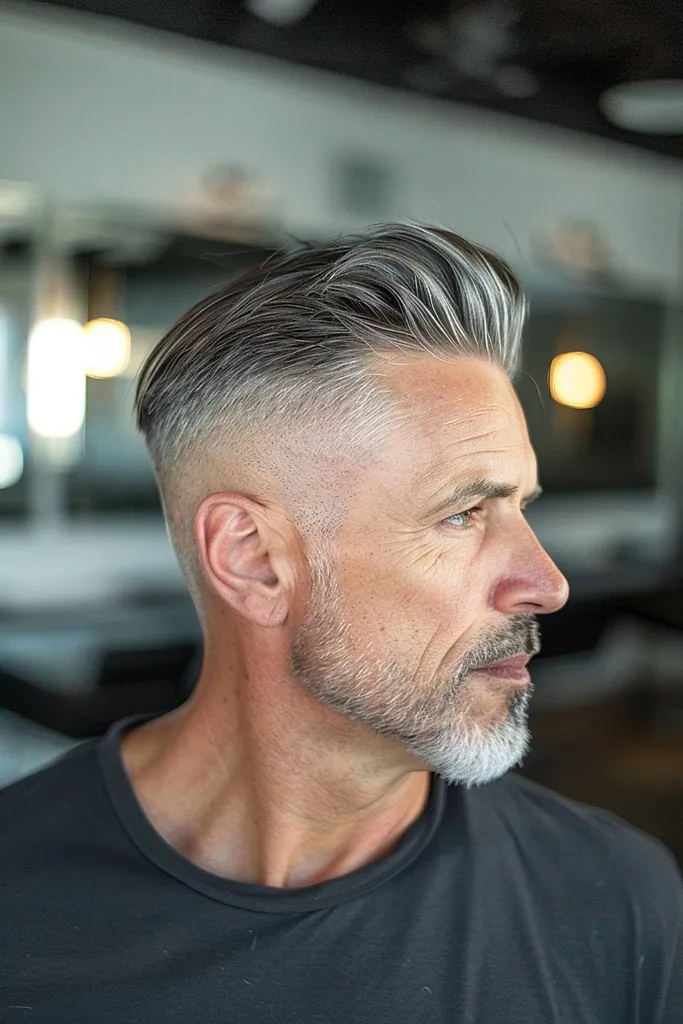 Gedurfde Silverhawk-snit met hoge vervaging en volumineuze bovenkant' title=