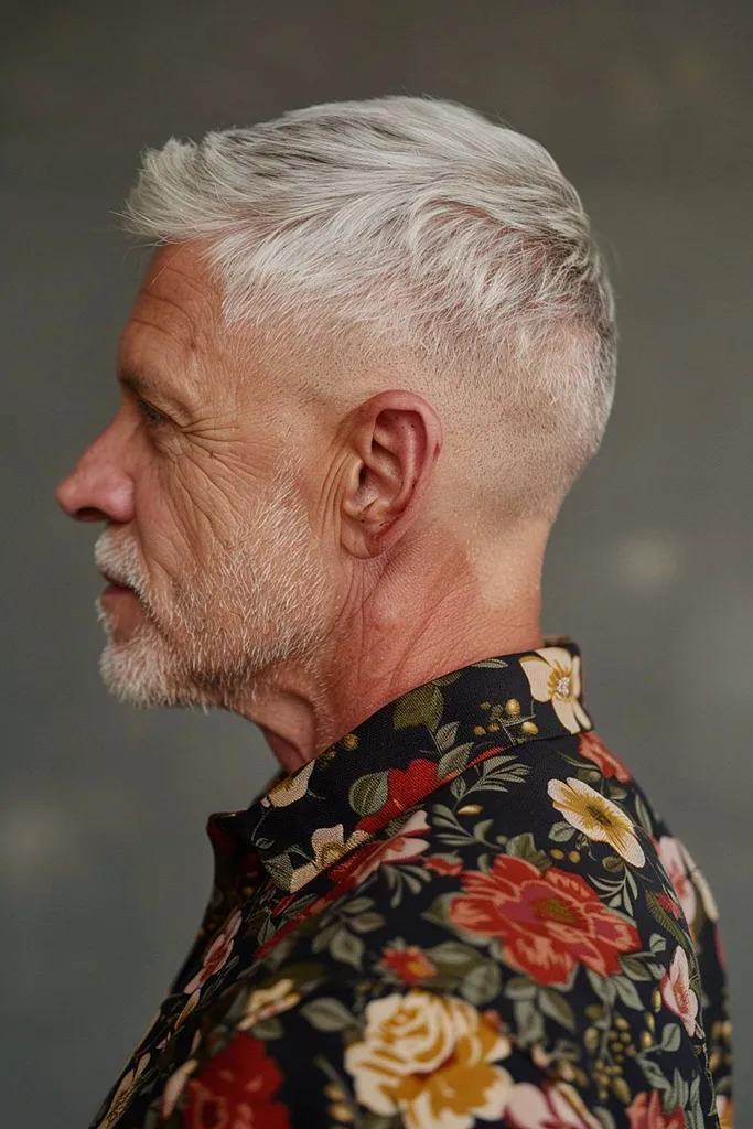 Platinazilver haar met getextureerde bovenkant en kortgeknipte zijkanten' title=