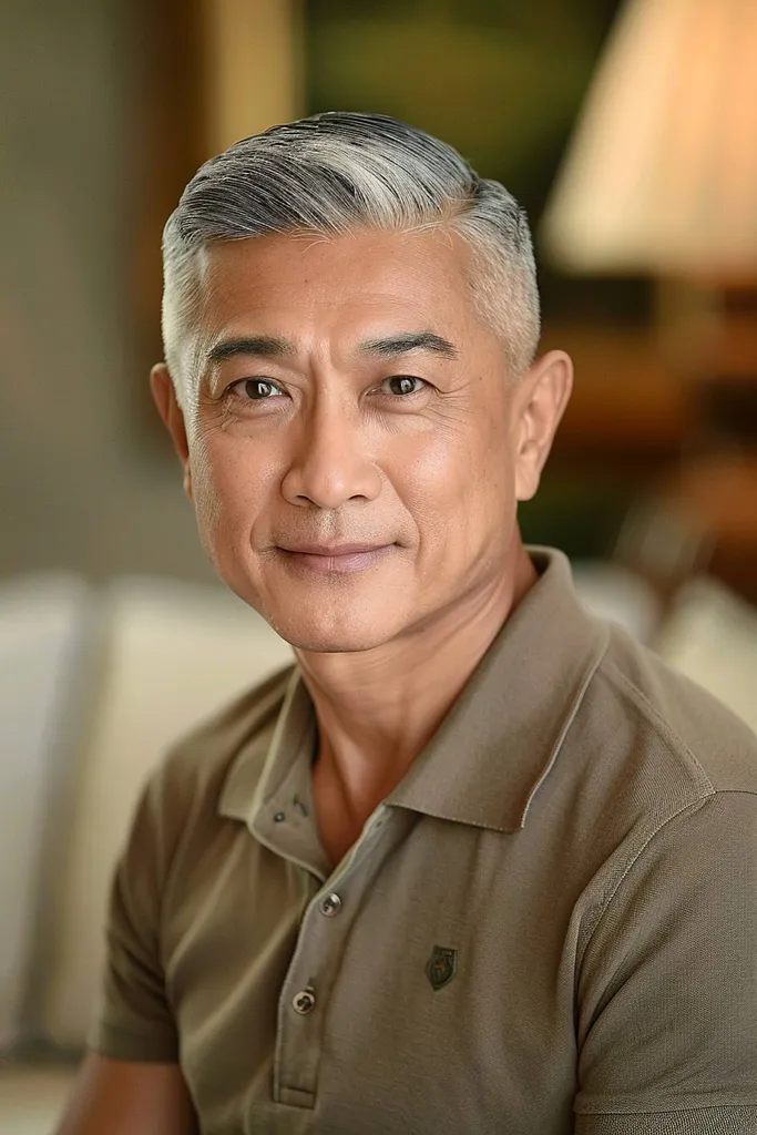 Krótka, szara fryzura z przedziałkiem na bok dla mężczyzn po 50. roku życia' title=