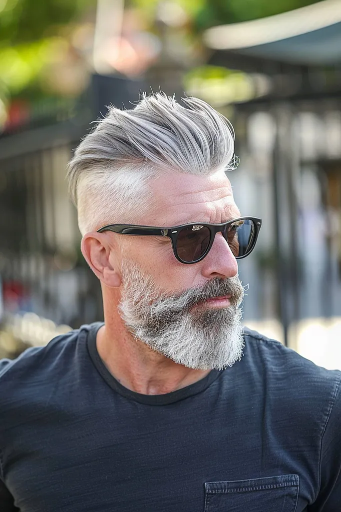 Strzyżona, blaknąca fryzura z zaczesanymi do tyłu siwymi włosami' title=