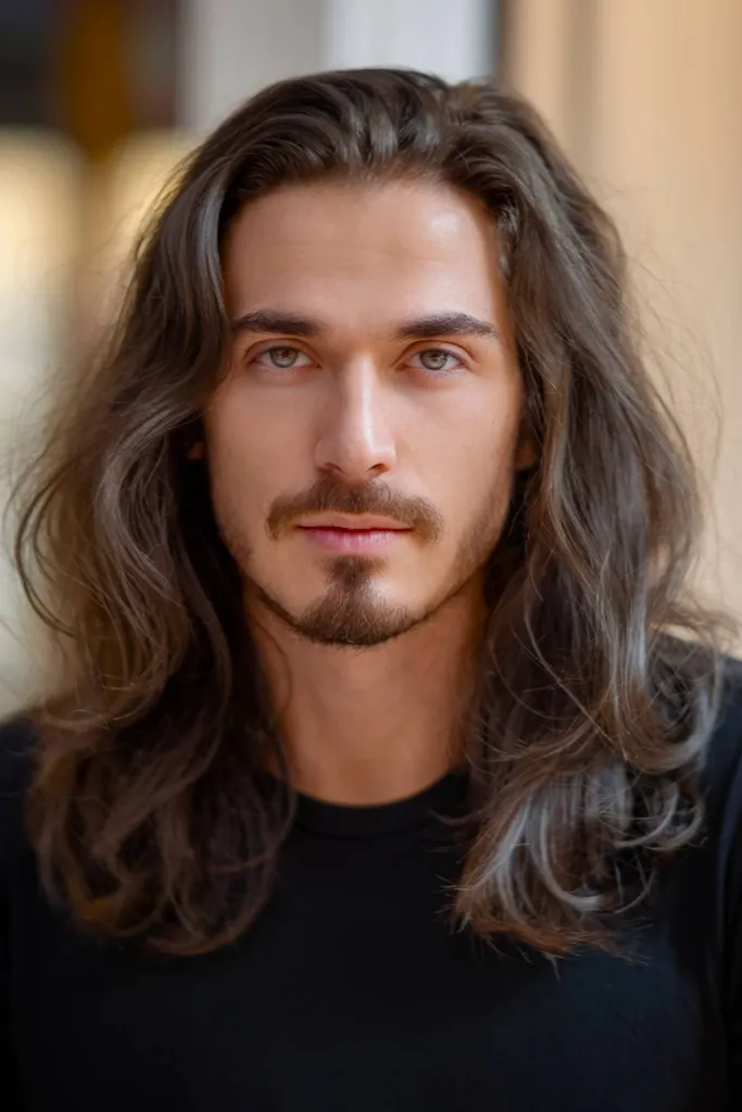 長い髪の男性のためのトレンディなヘアカット' title=