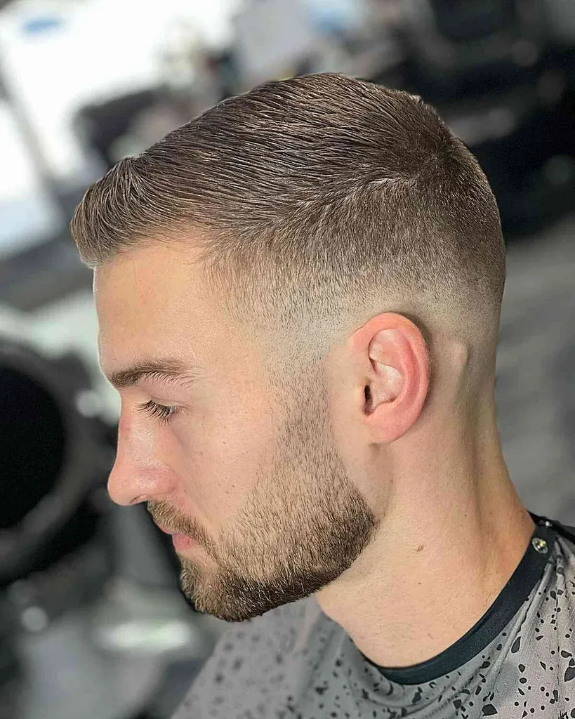 Hoher Skin Fade für wellige Seitentolle bei dickem blonden Männerhaar' title=
