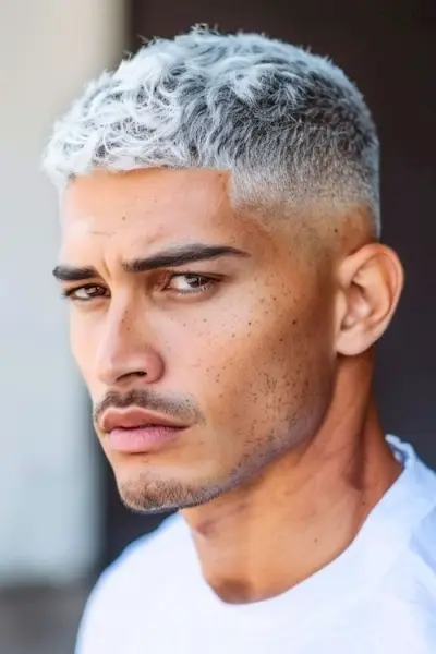 男性用のミッドフェードヘアスタイルのシルバーエドガーカット。