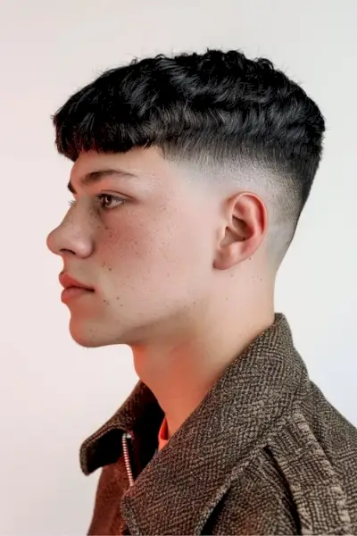 テーパーフェードを備えたテクスチャードトップのエドガーヘアカット。