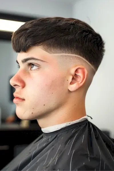 ミッドスキンフェードを施した切断されたエドガーカット。