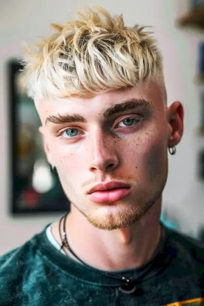 男性用のブリーチブロンドエドガーヘアカット。