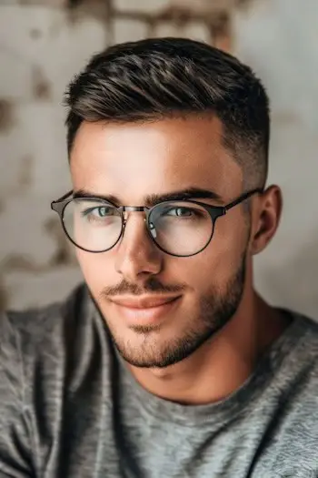 Coupe ras du cou avec lunettes et coupe de cheveux pour hommes.