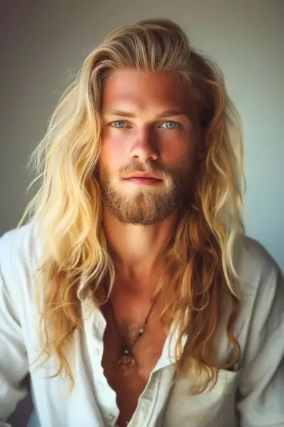 Olas playeras doradas sobre un joven apuesto con pelo largo y rubio y barba.