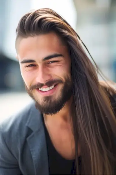 Peinado largo de corte asimétrico en un hombre atractivo con barba.