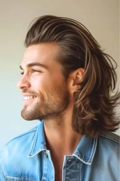 Peinado copete largo en hombre sonriente.