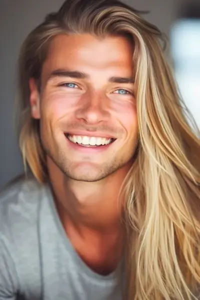 Peinado largo de capas rubias de barrido lateral sobre un hombre sonriente.