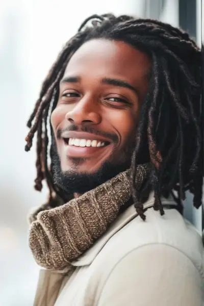 Rastas hasta los hombros sobre un joven negro sonriente.