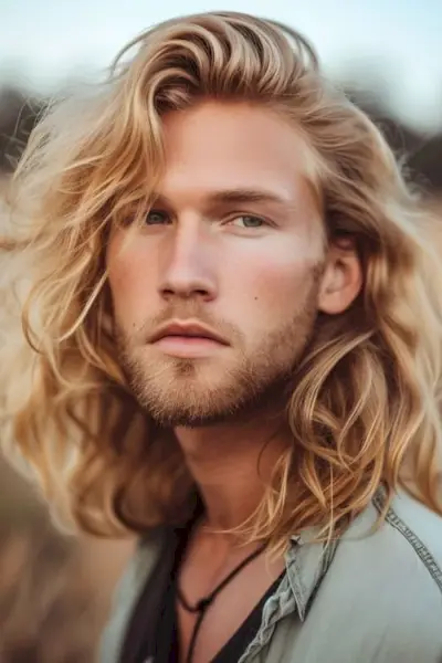 Ondas rubias largas texturizadas con parte lateral en un hombre joven.