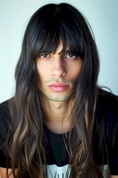 Corte de pelo largo con flequillo contundente a un joven.