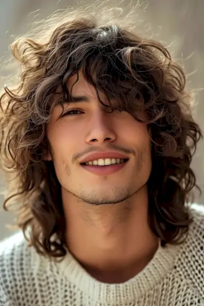 Corte de pelo largo para hombre rizado y peluda en un hombre joven.