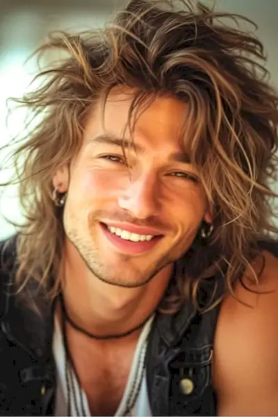 Peinado largo para hombre rockero retro de los años 80.