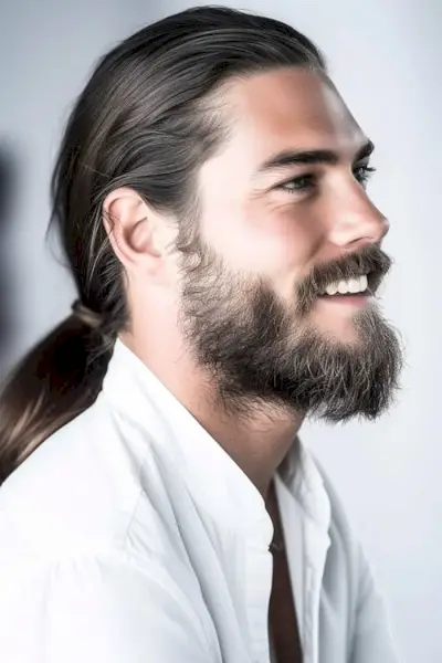 Cola de caballo baja polaca con barba en un hombre atractivo, vista lateral.