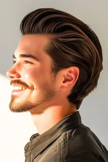 男性のためのストレートな後ろ髪のミディアムレングスのヘアスタイル。