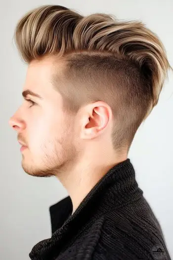 男性用の切断されたポンパドールのミディアムレングスのヘアスタイル。