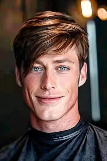 サイド部分が深いテクスチャードレイヤーの男性用ミディアムレングスのヘアスタイル。