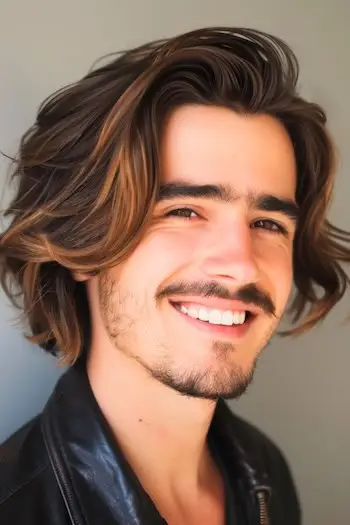 ミディアムスリックバックレイヤー男性のためのミディアムレングスのヘアスタイル。