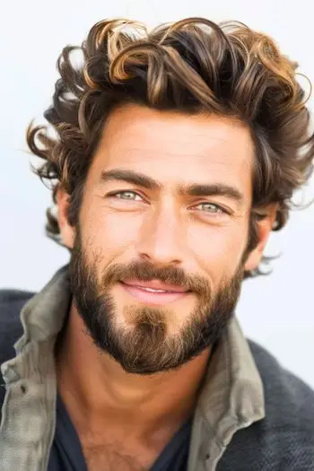 男性のための強調された波状カールの中程度の長さのヘアスタイル。