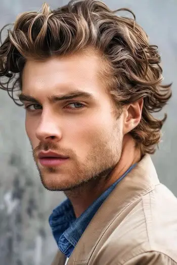 男性向けのミディアムレングスウェーブヘアスタイル。