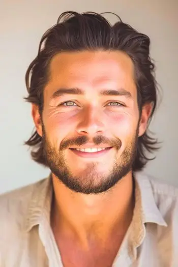 男性用のひげのあるミディアムレングスの後ろ髪のヘアスタイル。