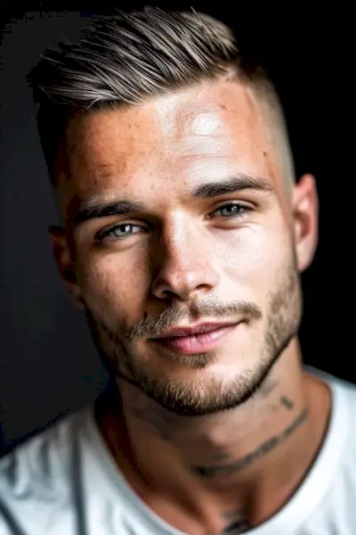 Corte de pelo recortado en un hombre guapo. Fondo negro.