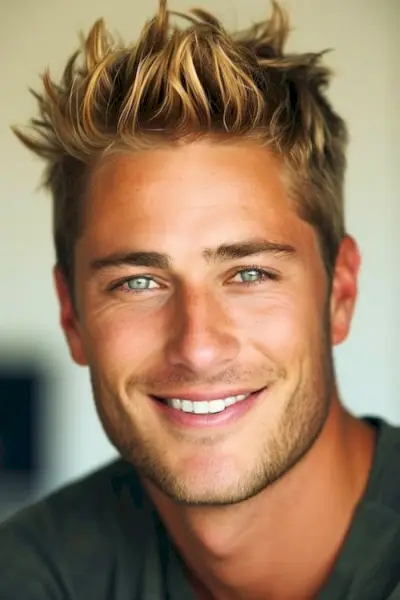 Corte de pelo corto de surfista desordenado en un hombre guapo con reflejos rubios.