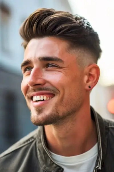 Peinado corto para hombre copete moderno sobre un hombre sonriente con cabello oscuro.