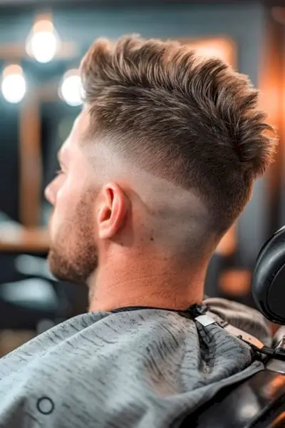 Corte de pelo de imitación de halcón en un hombre en una silla de barbero. Disparo desde un lado/detrás.