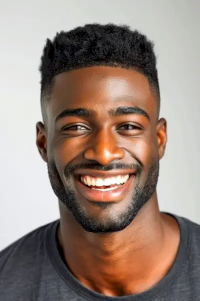 Corte de pelo para hombre con desvanecimiento alto en un hombre negro sonriente.