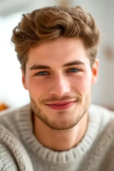 Corte de pelo ondulado en un hombre sonriente con cabello castaño.