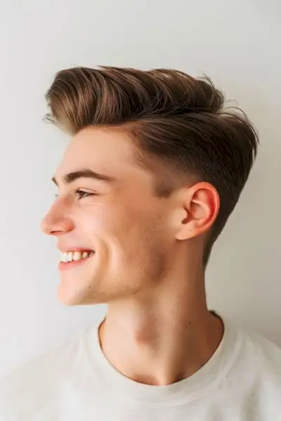 Peina el corte de pelo descolorido de un joven sonriente.