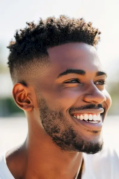 Corte de pelo corto para hombre con parte superior rizada y desvanecimiento en un hombre negro sonriente.