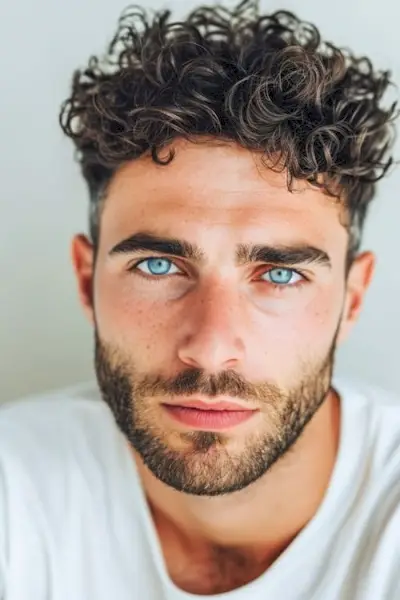 Corte de pelo corto y rizado para hombre con barba y ojos azules.