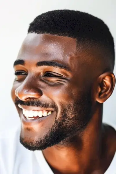 Corte de pelo moderno y corto con desvanecimiento en un hombre negro sonriente.