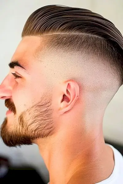 Hart parte lateral con corte de pelo para hombre de alto desvanecimiento. Disparo desde un costado.