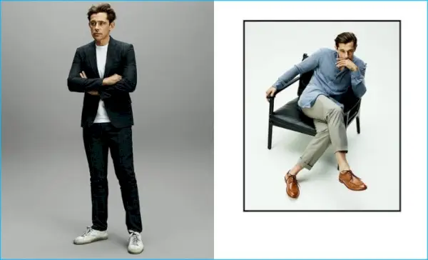 LEFT Costum din lână și mătase în carouri de la Maison Margiela. Tricou cu tăietură Eddy de la Acne Studios. Pantofi de sport înalți din piele, împodobiți cu stea de la Saint Laurent. DREAPTA Cămașă din bumbac cu dungi fără guler de la Paul Smith. Pantaloni plisați cu micro dungi în față de Giorgio Armani. Pantofi derby din piele Leonard de Armando Cabral.