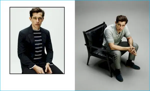 LEFT Blazer cu un singur piept din bumbac și amestec de in de la Maison Margiela. Pulover cu decolteu în dungi de la Tomorrowland. Pantaloni subțiri din bumbac de la Paul Smith. DREAPTA Tricou polo cu dungi din bumbac și mătase de la Dunhill. Pantaloni subțiri din amestec de lână și mohair de la Alexander McQueen. Cizme desert din piele intoarsa de Bottega Veneta.