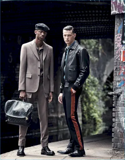 Van links naar rechts afgebeeld: Montell Martin draagt ​​een monochromatisch passend nummer van Louis Vuitton, terwijl Jack Buchanan een moderne coole stijl omarmt in Givenchy voor GQ France.
