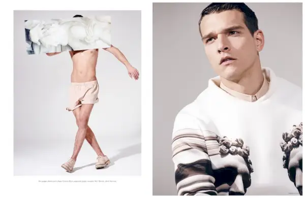 Podczas gdy Alessio Pozzi występuje nago w kreacji Calvina Kleina, Alexandre Cunha ma na sobie bluzę z grafiką Neila Barretta.