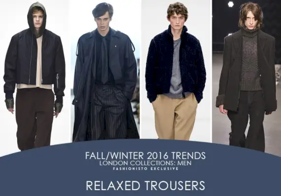 Londýnske kolekcie: pánske trendy uvoľnených nohavíc jeseň/zima 2016 | Na obrázku zľava doprava: Agi & Sam, E. Tautz, Lou Dalton a Topman Design.